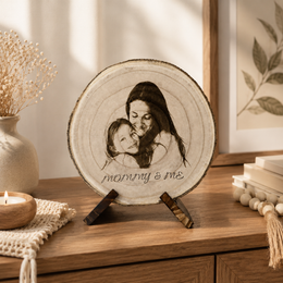 Example personalized mommy and me wood slice with custom photo and message for home display.