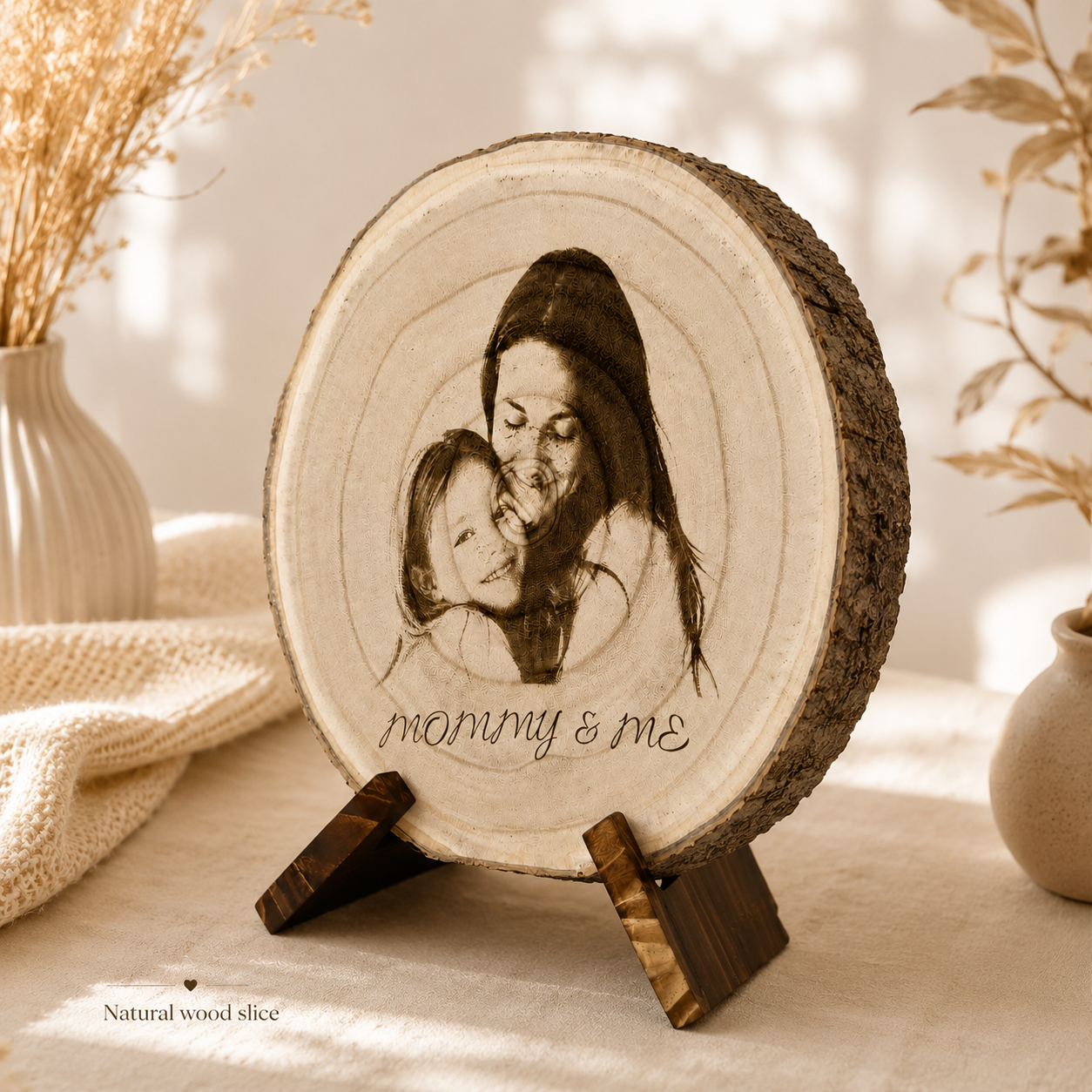 Natural wood slice keepsake for a mother and child photo, shown with engraved style artwork.