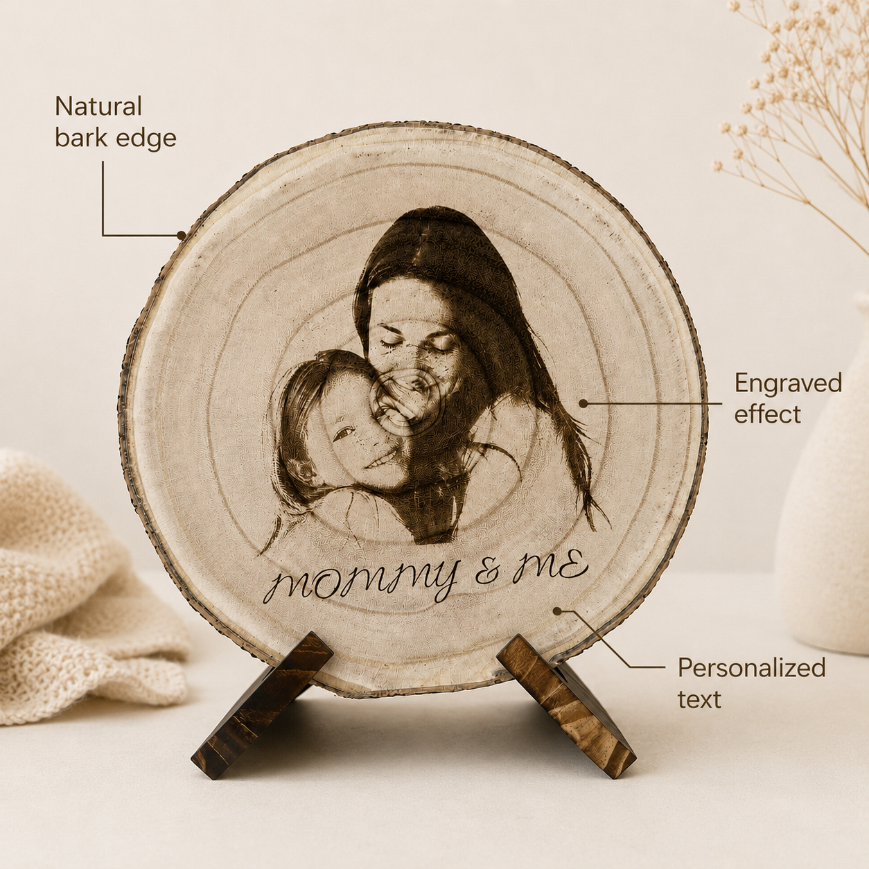 Mother and daughter engraved wood slice keepsake displayed in a warm home setting for a single mom gift.