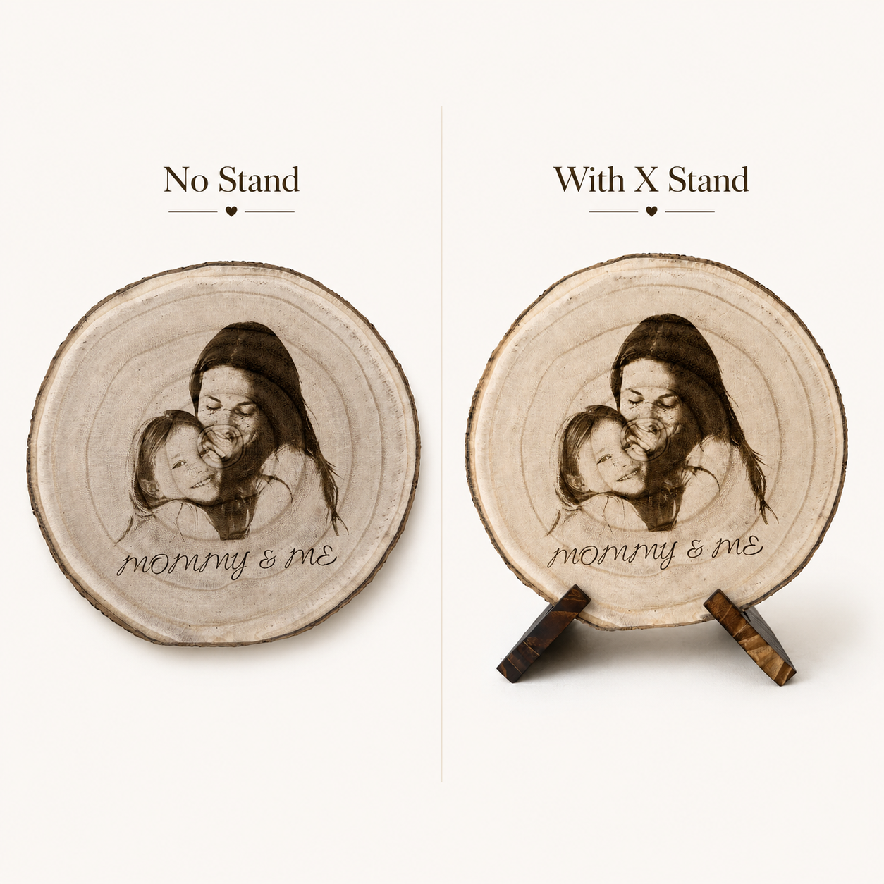 Side view of a natural wood slice with mother and child engraved portrait and visible bark edge.