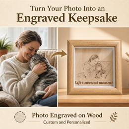 Available sizes and frame color options for a personalized engraved pet photo wood frame