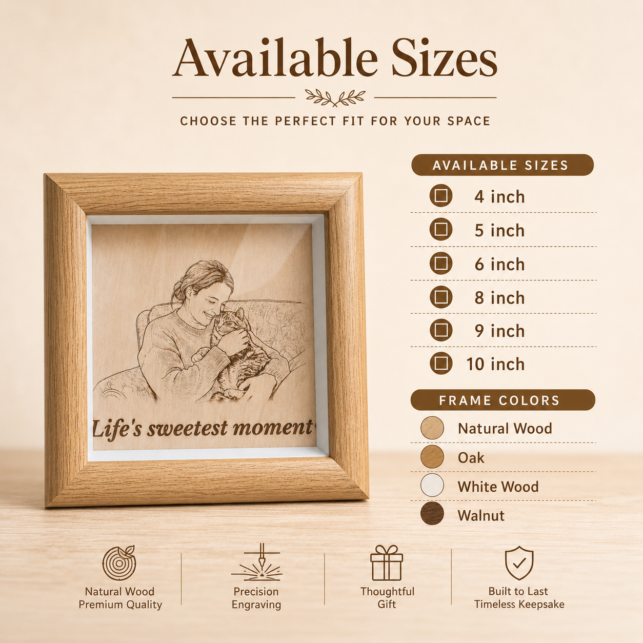 Custom cat photo wood frame displayed as a warm keepsake gift for cat lovers