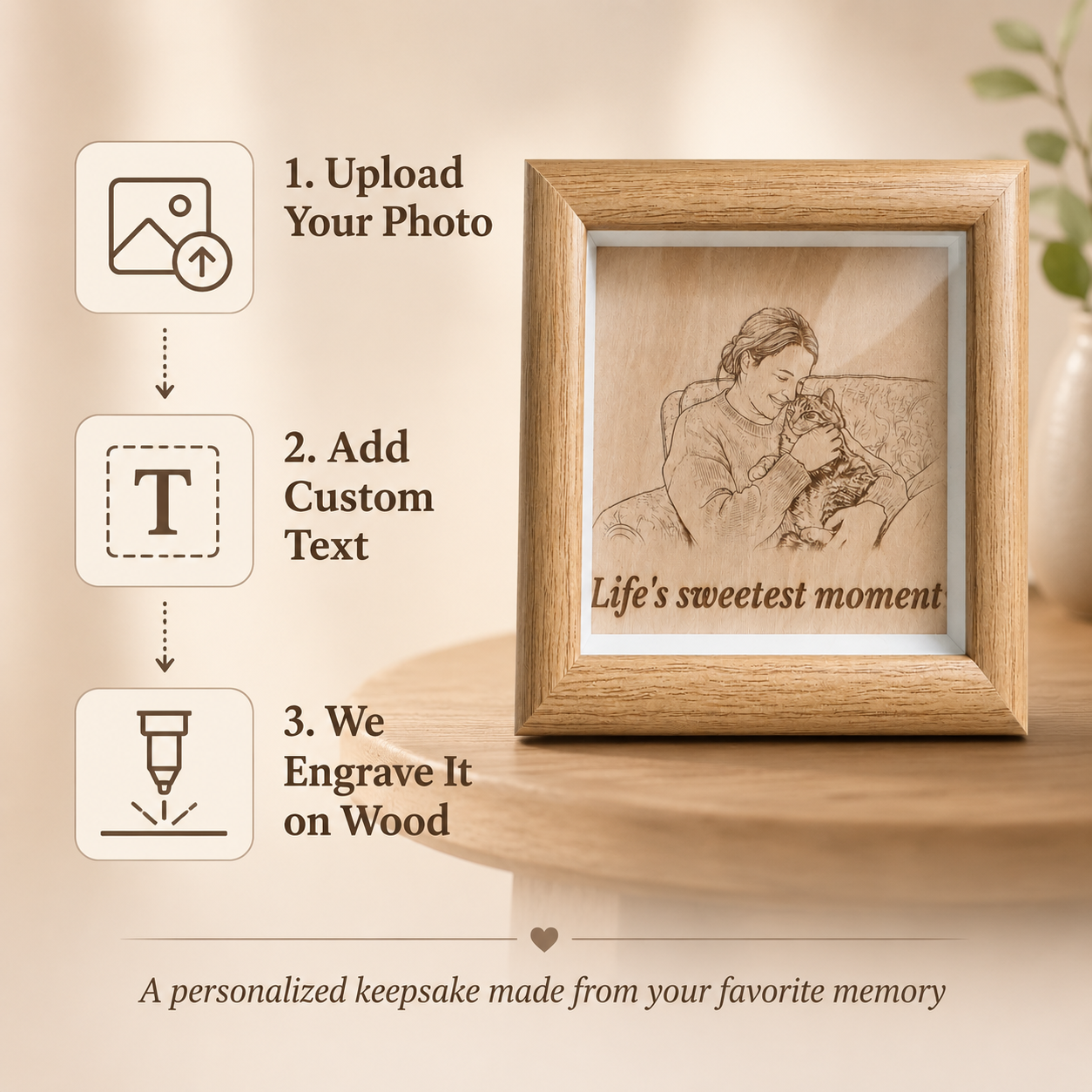 Close up of real wood frame texture and engraved pet photo detail