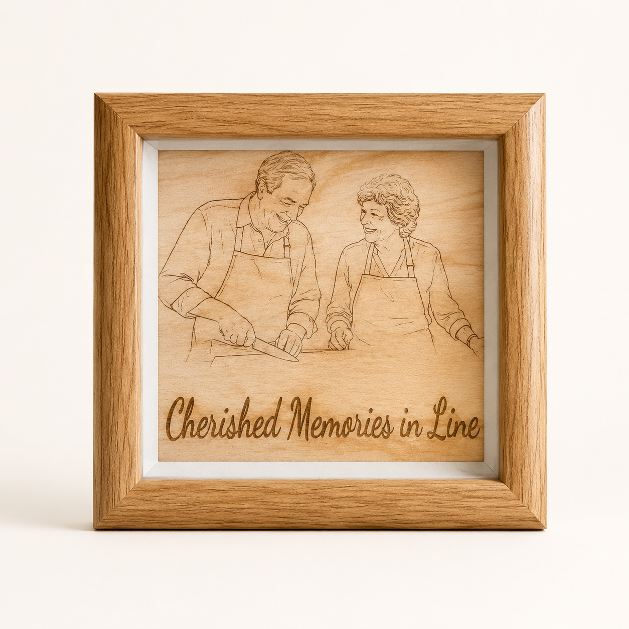 Photo to keepsake scene showing an older couple photo turned into an engraved wood frame gift