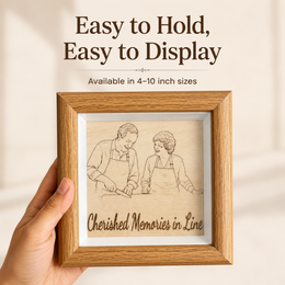 Laser engraved effect detail on wood frame made from an uploaded couple photo