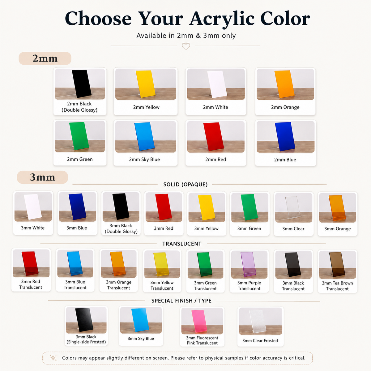 General acrylic color selection chart for personalized kids room name sign
