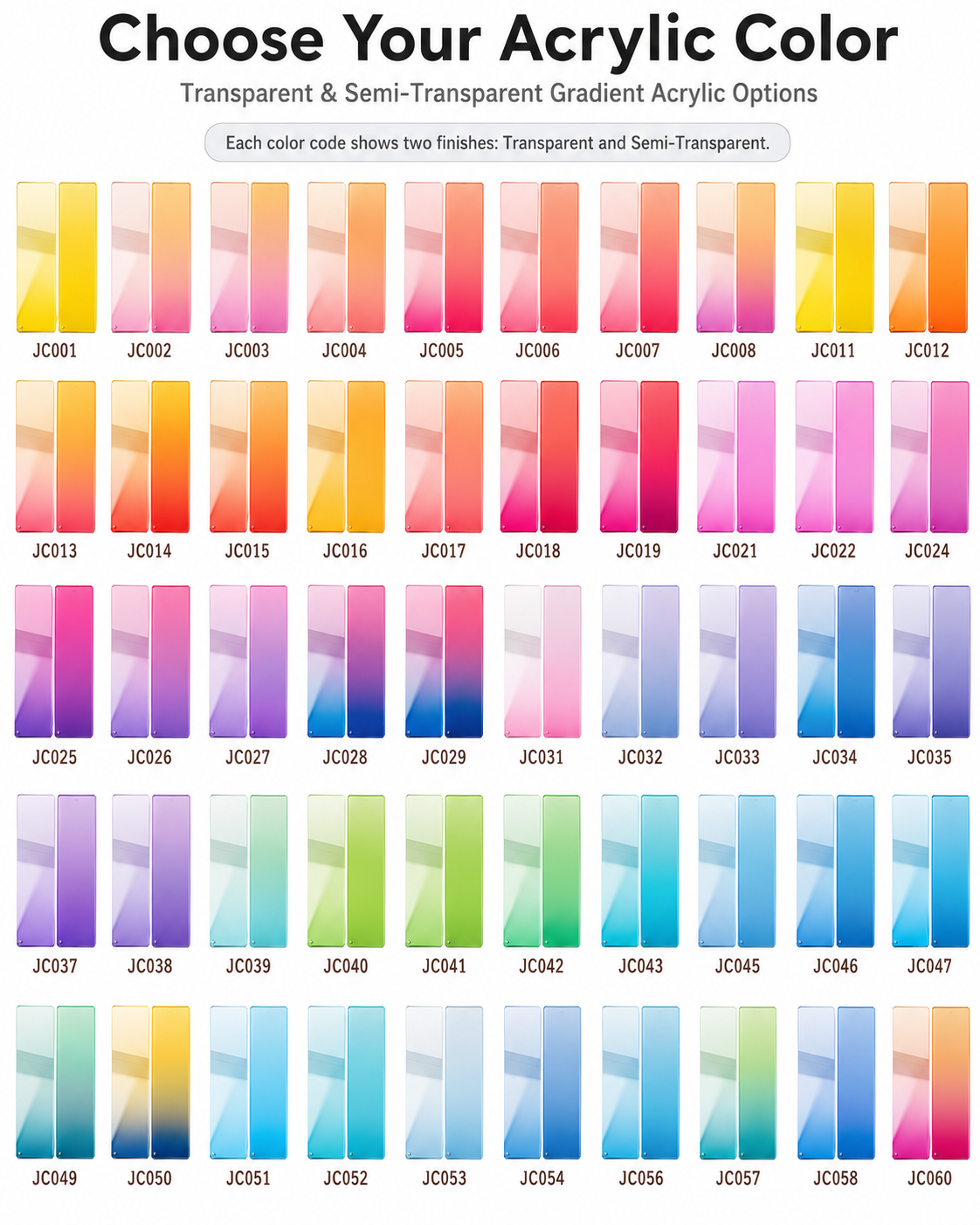 General acrylic finish and transparency selection chart for personalized kids room name sign