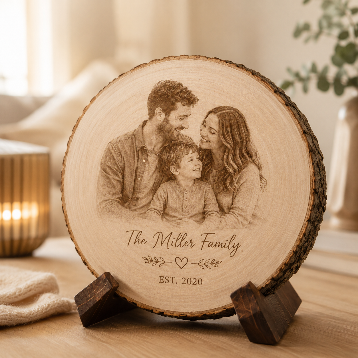 Custom family photo wood slice keepsake on wooden stand