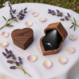 Black Walnut Heart Ring Box with LED Light | Custom Engraving