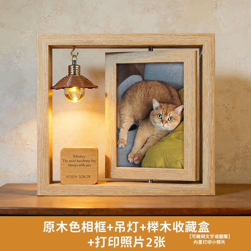 宠物纪念相框木质双面旋转摆台带灯毛发收藏照片框创意猫咪纪念礼