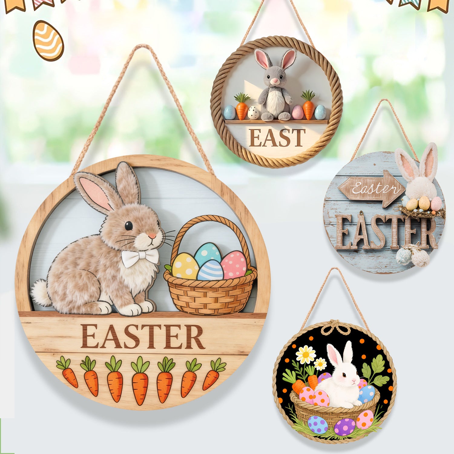 Easter Wooden Round Door Sign | Bunny & Egg Holiday Decor