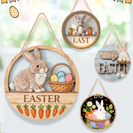 Easter Wooden Round Door Sign | Bunny & Egg Holiday Decor