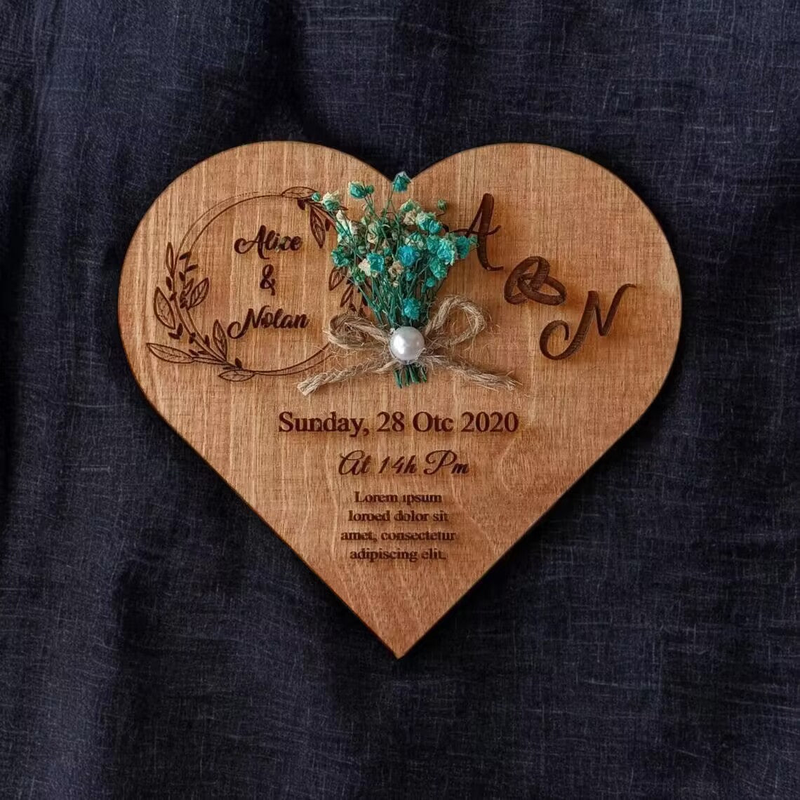 Personalized Heart-Shaped Wooden Wedding Invitation | Boho Style