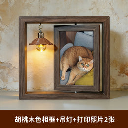 宠物纪念相框木质双面旋转摆台带灯毛发收藏照片框创意猫咪纪念礼