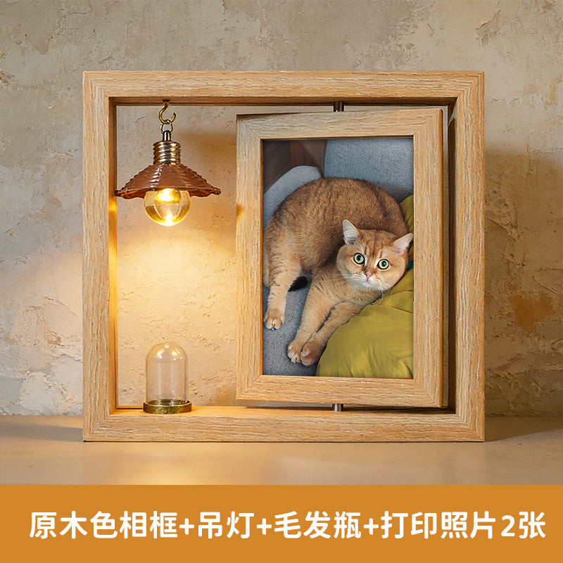 宠物纪念相框木质双面旋转摆台带灯毛发收藏照片框创意猫咪纪念礼
