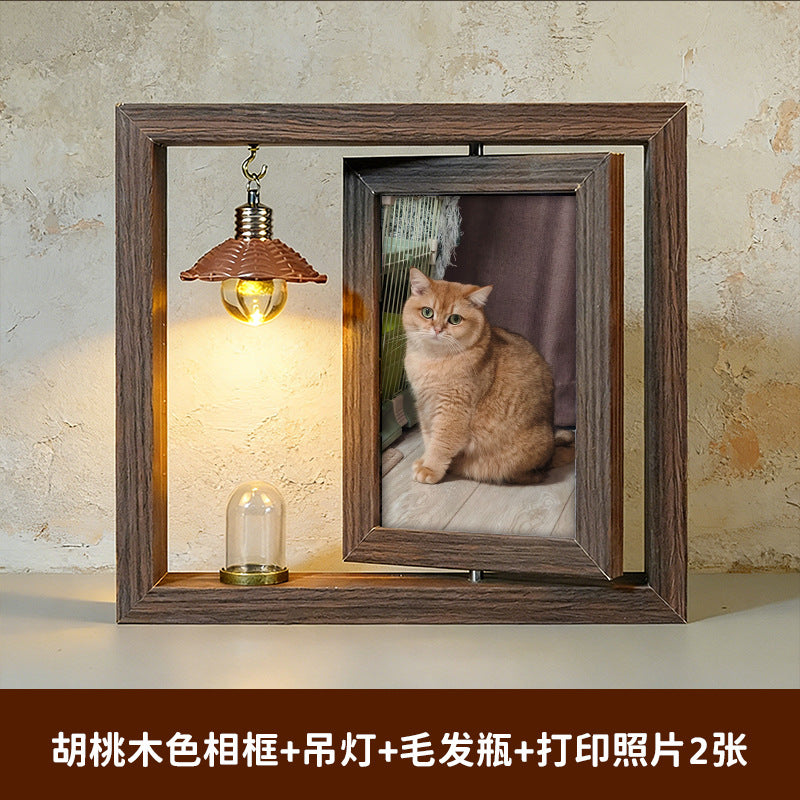 宠物纪念相框木质双面旋转摆台带灯毛发收藏照片框创意猫咪纪念礼