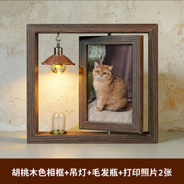 宠物纪念相框木质双面旋转摆台带灯毛发收藏照片框创意猫咪纪念礼