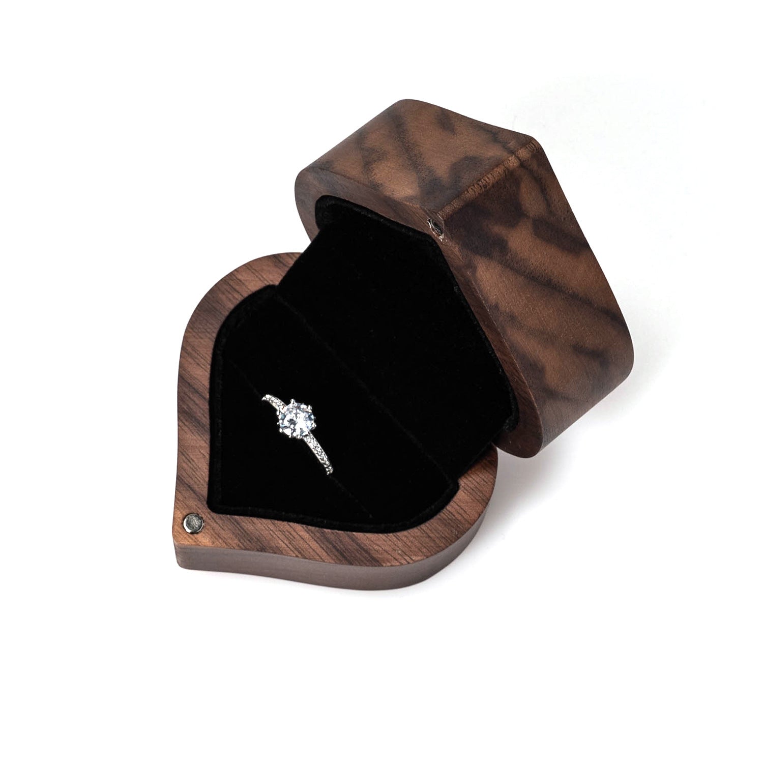 Black Walnut Heart Ring Box with LED Light | Custom Engraving