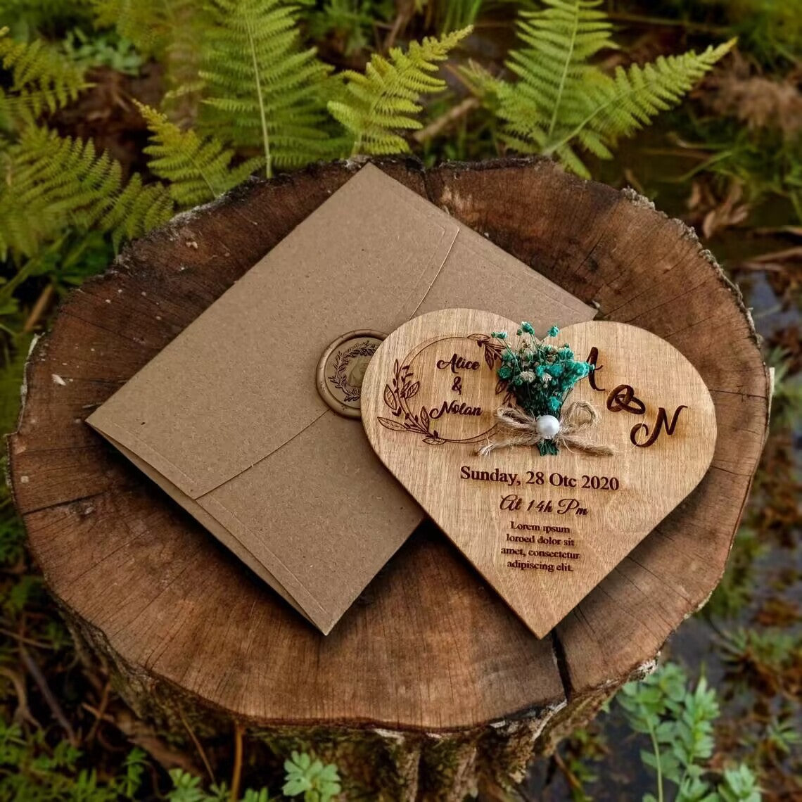 Personalized Heart-Shaped Wooden Wedding Invitation | Boho Style
