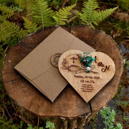 Personalized Heart-Shaped Wooden Wedding Invitation | Boho Style