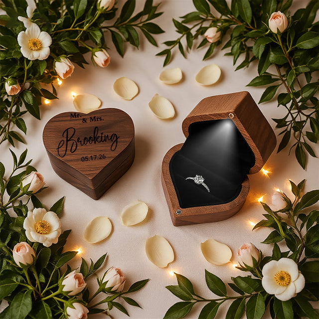 Black Walnut Heart Ring Box with LED Light | Custom Engraving