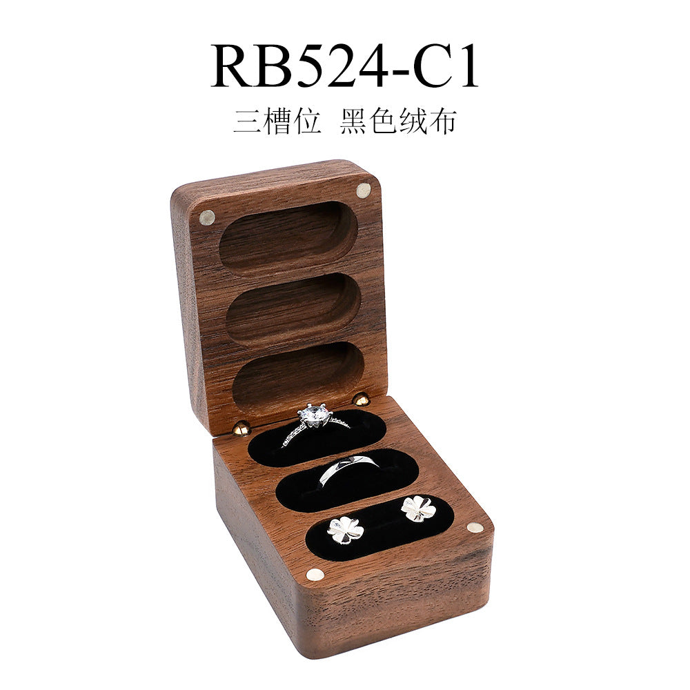 黑胡桃木婚礼戒指首饰盒高档小精致收纳盒项链耳钉盒交换礼物三槽