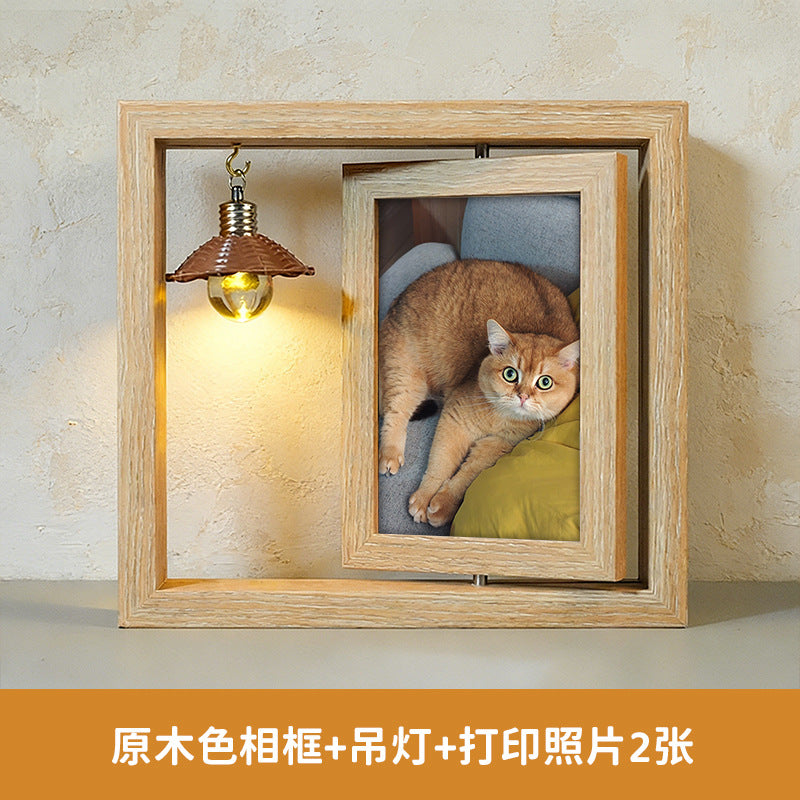 宠物纪念相框木质双面旋转摆台带灯毛发收藏照片框创意猫咪纪念礼