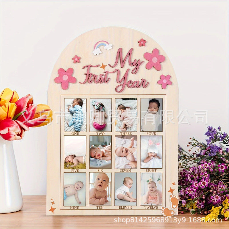 Wooden Baby Milestone Photo Frame for First-Year Memories