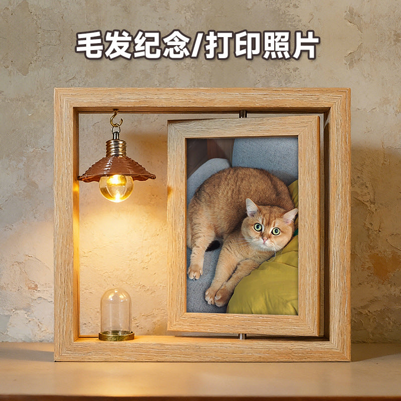 宠物纪念相框木质双面旋转摆台带灯毛发收藏照片框创意猫咪纪念礼