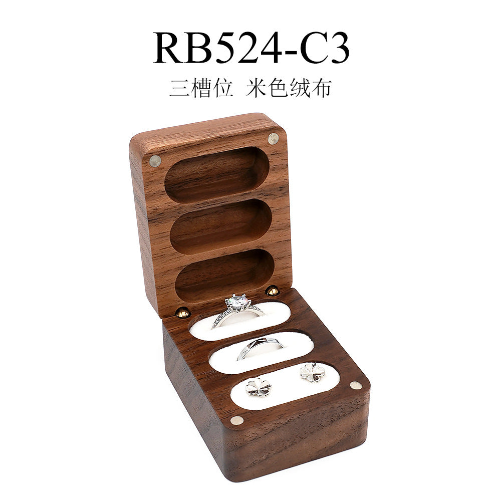 黑胡桃木婚礼戒指首饰盒高档小精致收纳盒项链耳钉盒交换礼物三槽