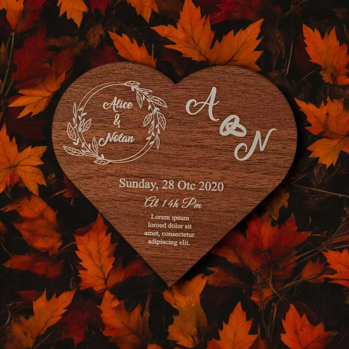 Personalized Heart-Shaped Wooden Wedding Invitation | Boho Style