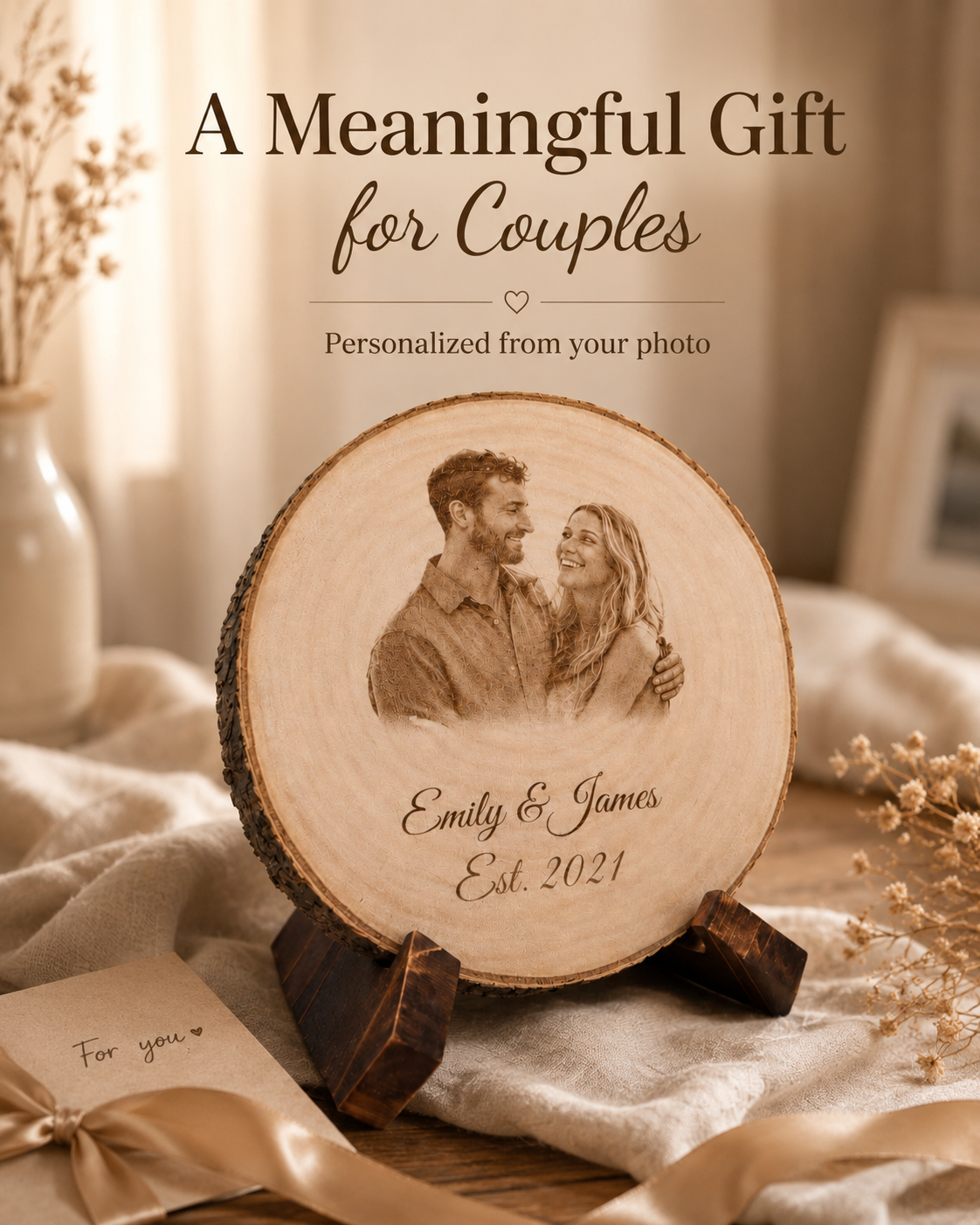 Meaningful personalized couple gift made from an uploaded photo and laser engraved on a natural wood slice.