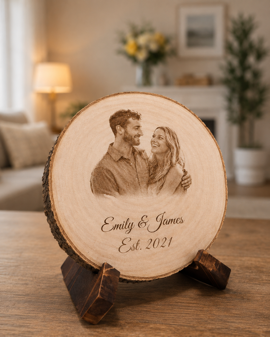 Personalized couple photo wood slice displayed in a warm home setting as a meaningful anniversary or wedding keepsake gift.