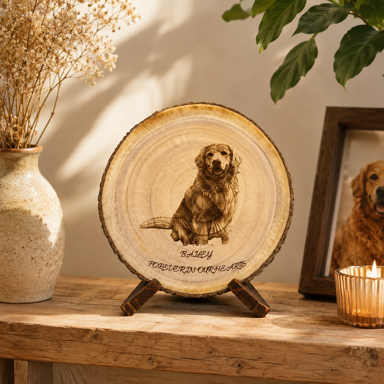 Evervain Studio personalized dog photo wood slice displayed on a rustic shelf with natural wood stand