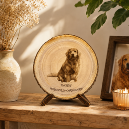 Evervain Studio personalized dog photo wood slice displayed on a rustic shelf with natural wood stand