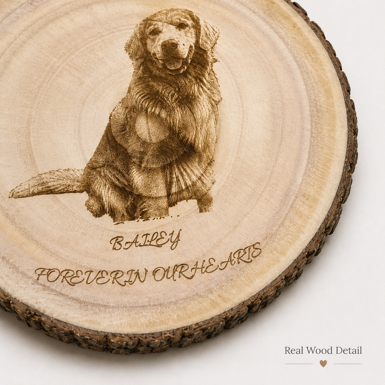 Evervain Studio close-up of engraved dog portrait on natural wood slice with bark edge detail