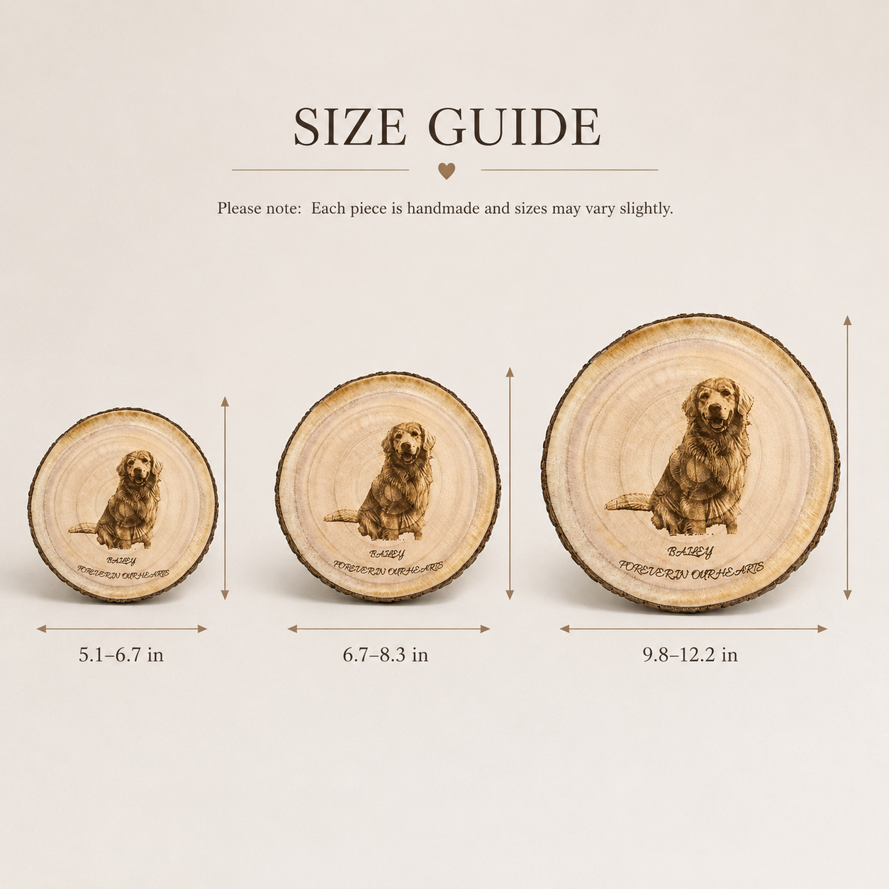 Evervain Studio custom pet photo wood slice size guide showing small medium and large size ranges
