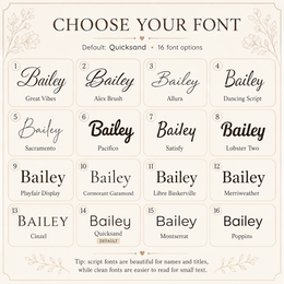 Evervain Studio font guide for personalized pet wood slice engraving with sixteen font options