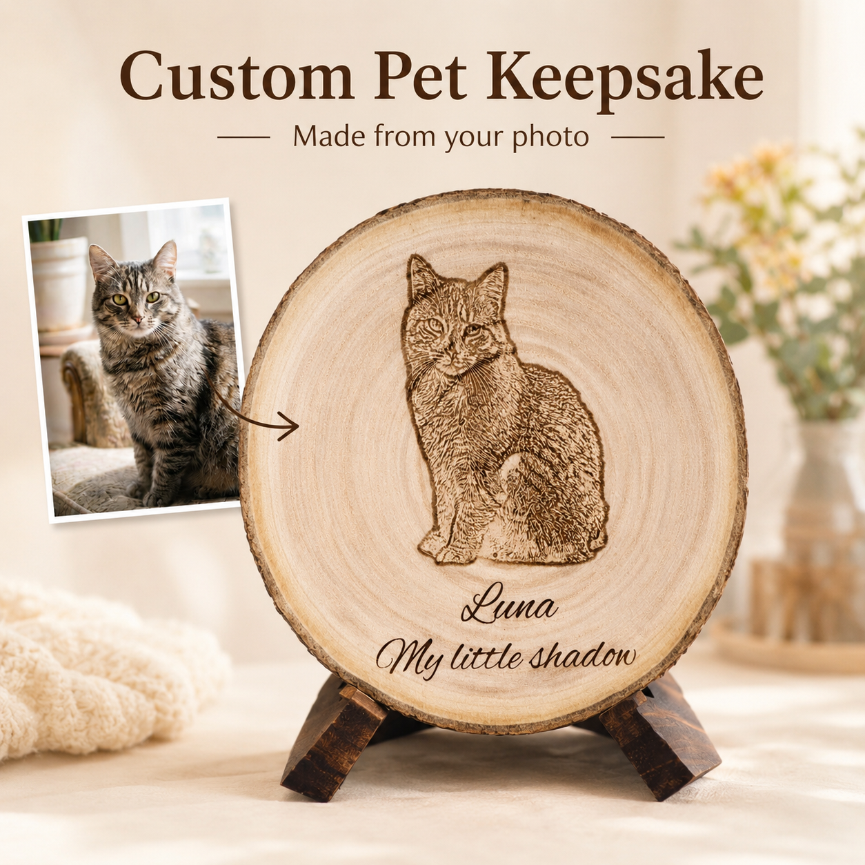 Personalized pet photo wood slice with custom cat portrait engraving, pet name Luna, and message My little shadow on a wooden stand.