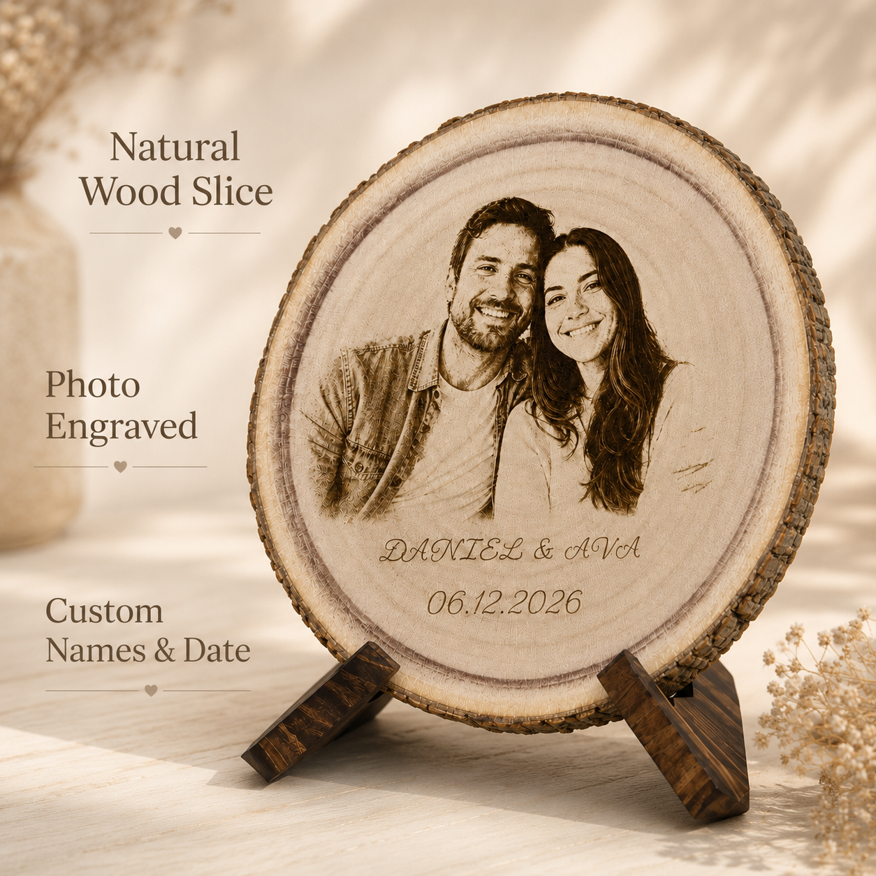 Close-up of natural wood slice with photo engraved effect, names, and date personalization