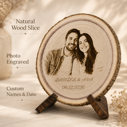Close-up of natural wood slice with photo engraved effect, names, and date personalization
