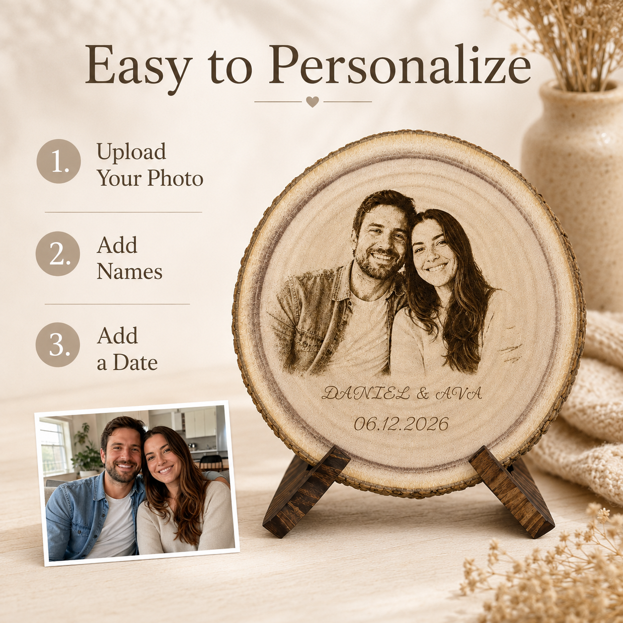 Easy personalization guide for uploading a photo and adding names and date to a custom wood slice