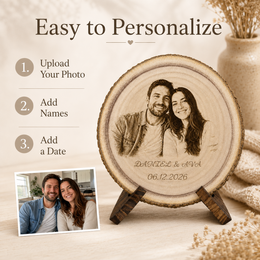 Easy personalization guide for uploading a photo and adding names and date to a custom wood slice