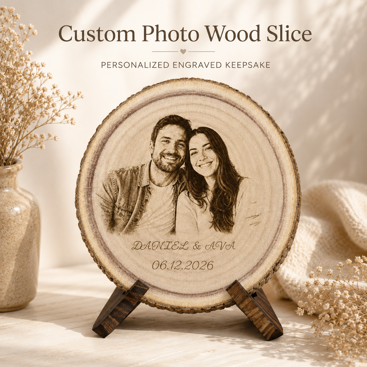 Custom photo wood slice engraved keepsake with couple names and date on optional wooden stand