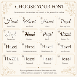Font selection chart showing 16 font options for personalized wood slice engraving with names, dates, or short text.