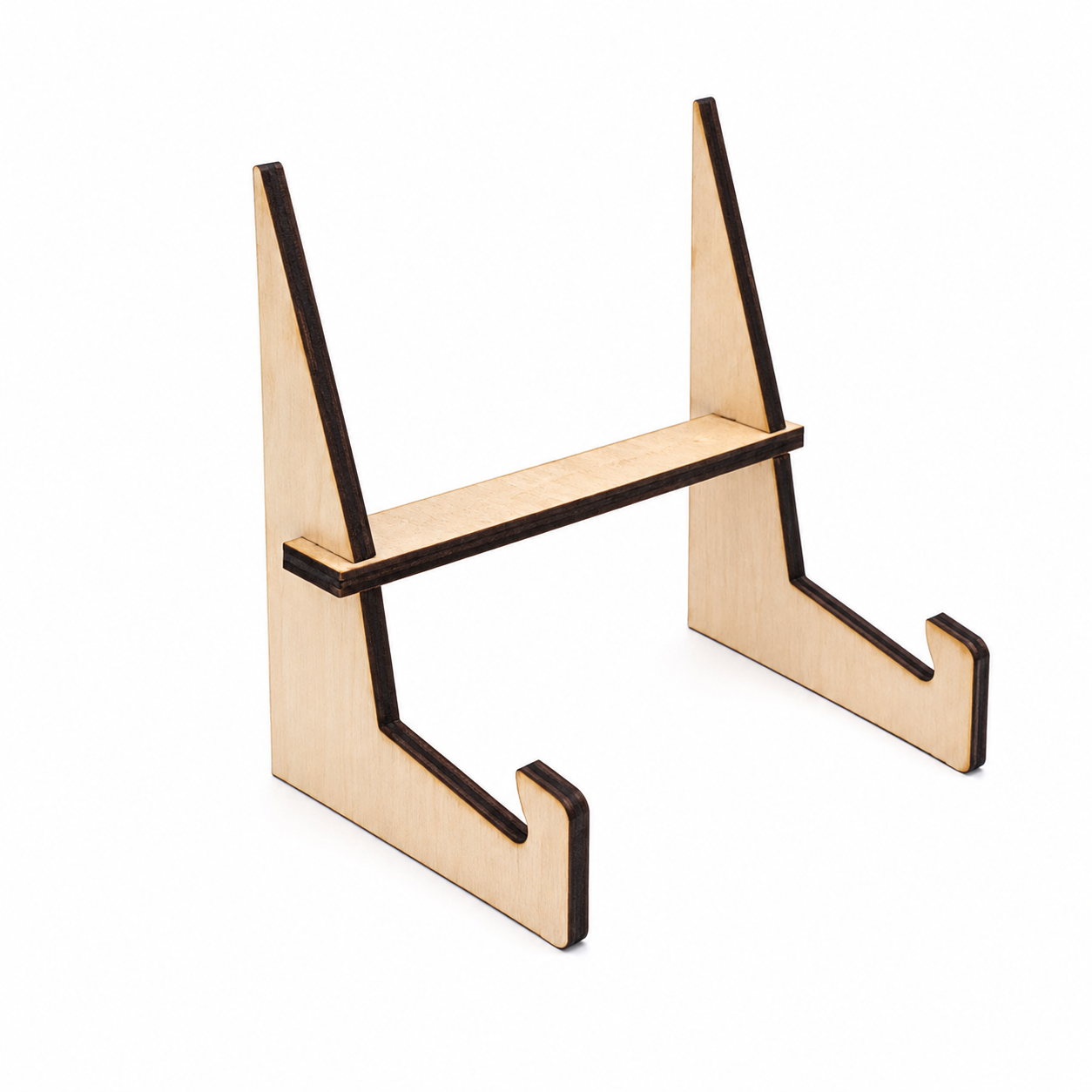 Light laser cut wooden display stand option for supporting a personalized wood slice keepsake.
