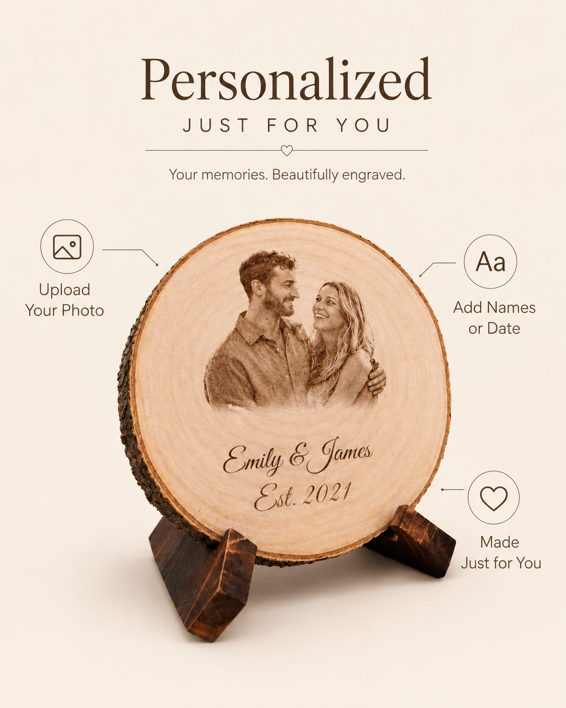 Personalized wood slice gift showing options to upload a photo, add names or date, and create a custom keepsake.