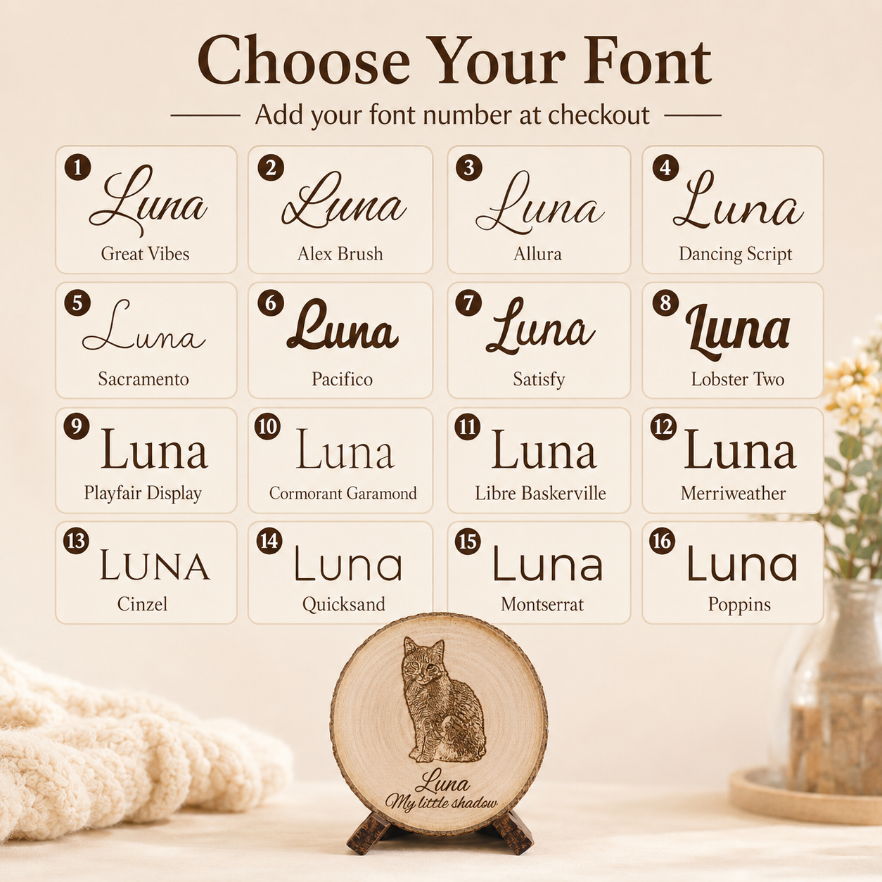 Font selection chart for personalized pet wood slice engraving with 16 font options for pet names and custom messages.