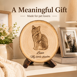 Personalized pet wood slice keepsake displayed on a cozy home shelf as a meaningful gift for pet lovers.