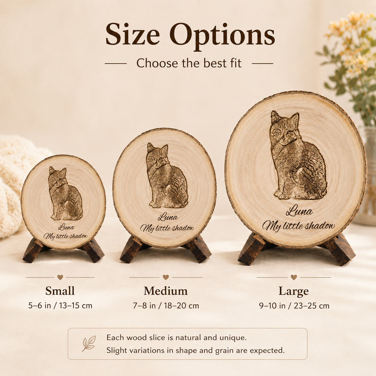 Size options for personalized pet photo wood slice gifts, showing small, medium, and large natural wood slice choices.
